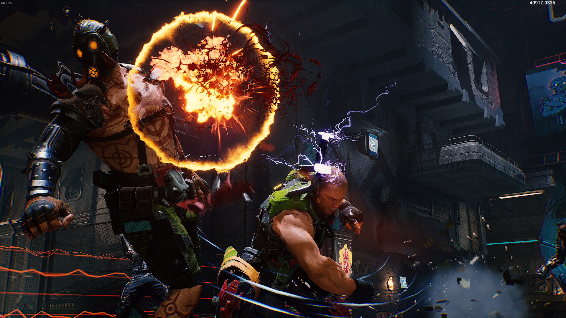KIBORG screenshot: a fighter brawling beside a fiery ring.