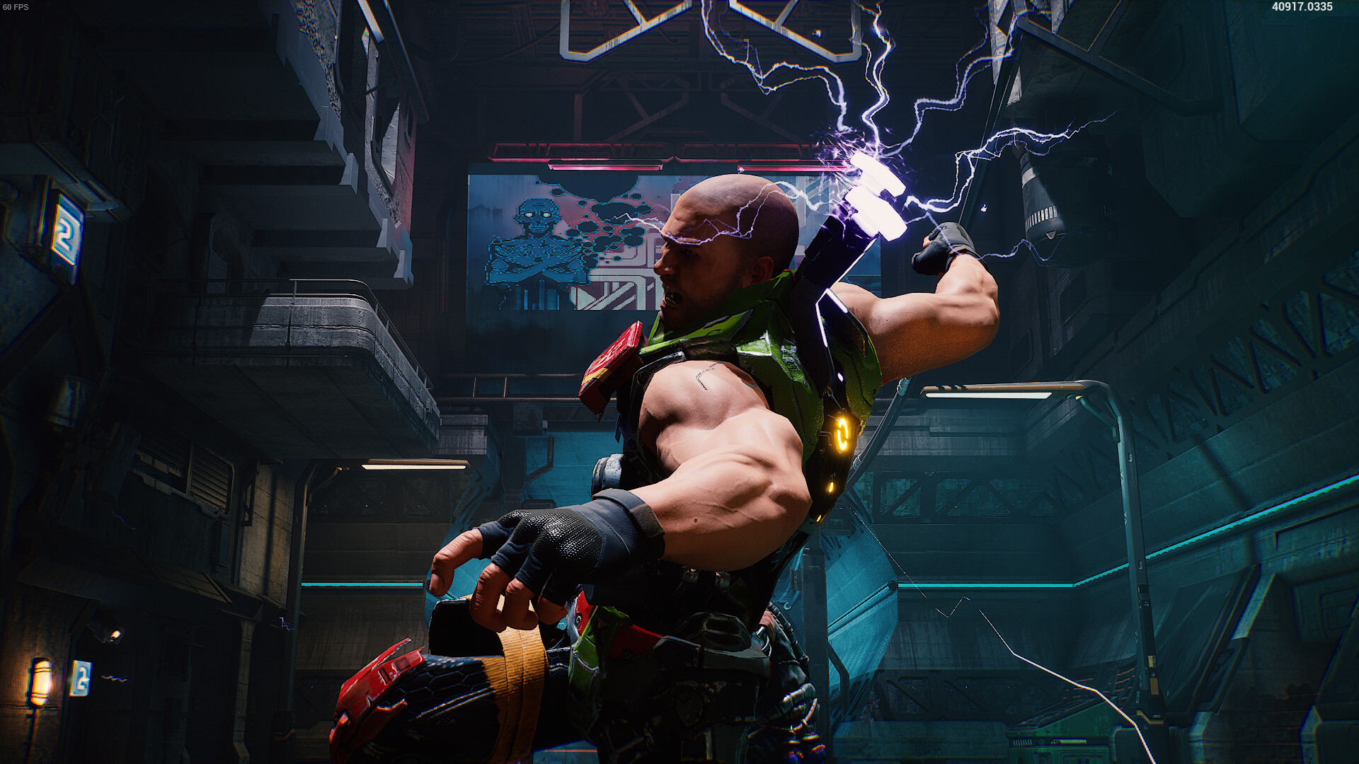 KIBORG screenshot: a muscular fighter crackling with lightning.