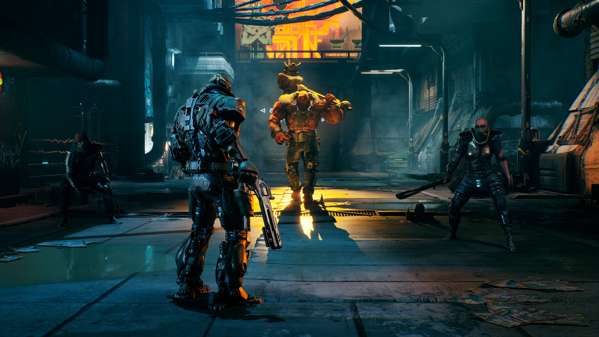 KIBORG screenshot: two armored fighters in a neon corridor.