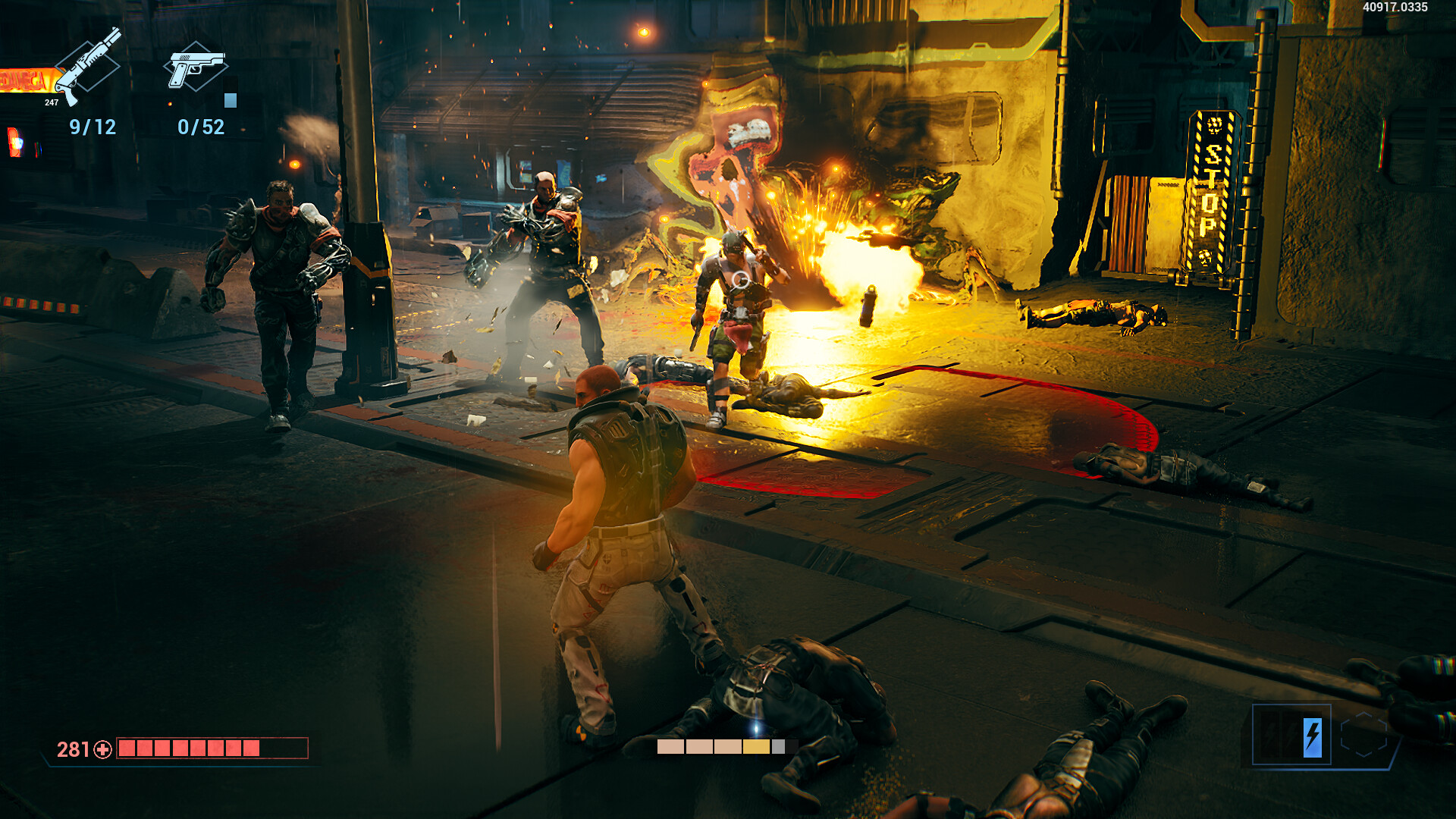 KIBORG screenshot: a flaming melee fight with the health bar shown.