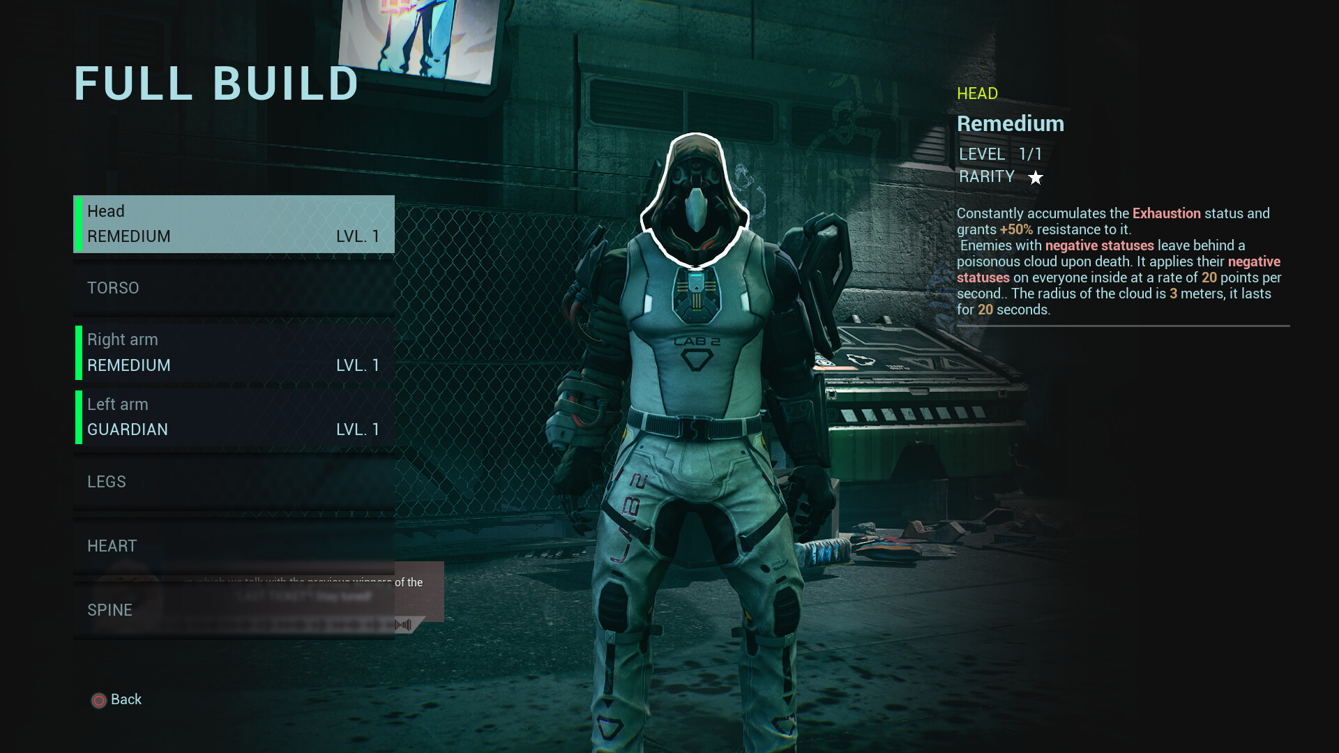 KIBORG screenshot: the Full Build screen listing implants.
